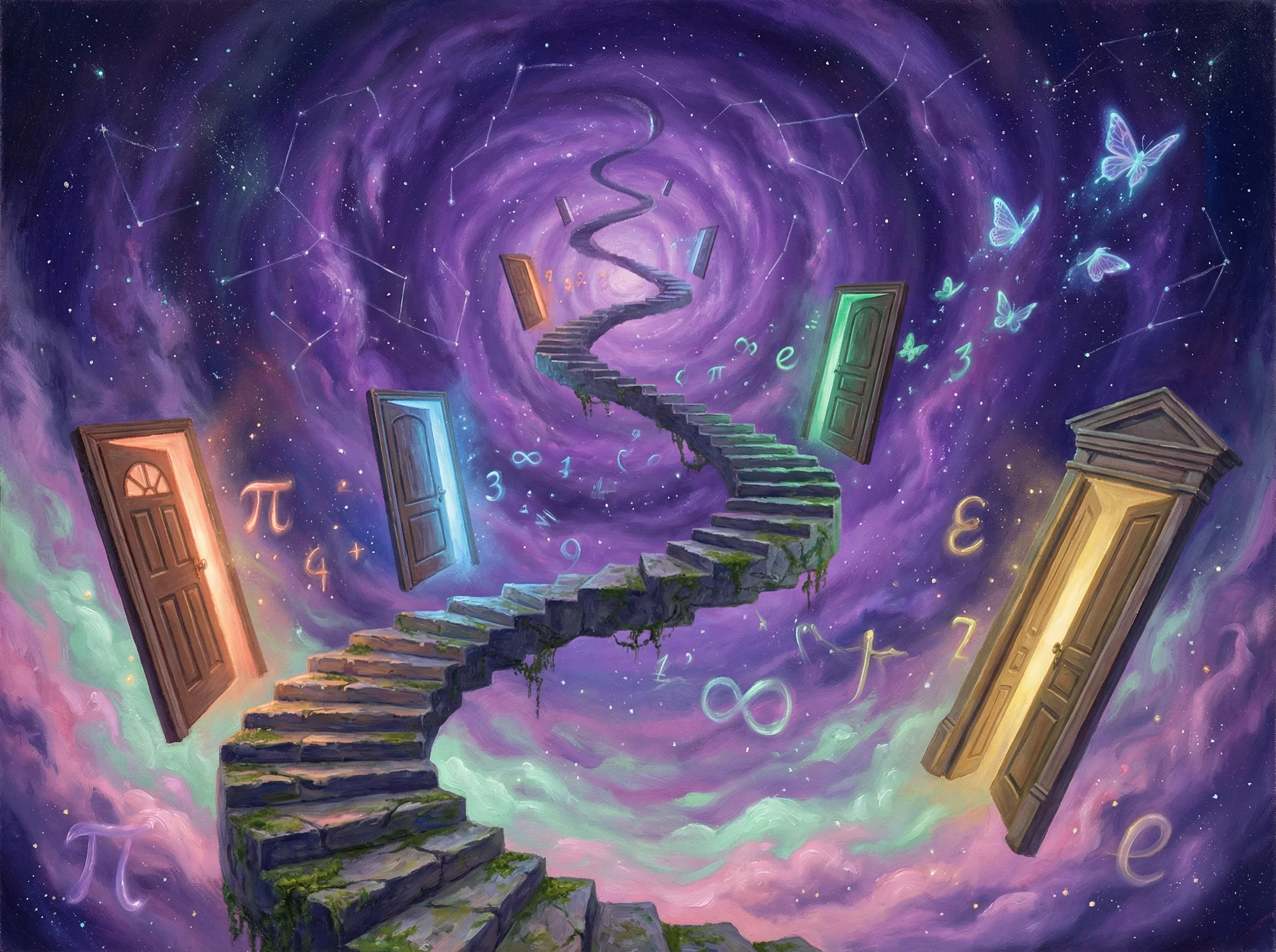 超现实梦境画作 - 无限阶梯与浮动之门，关联 凤凰彩票 幸运号码