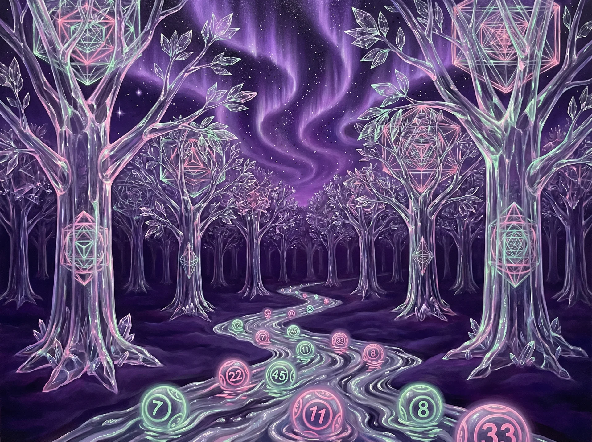 超现实梦境画作 - 水晶森林与银河之河，关联 凤凰彩票 幸运号码