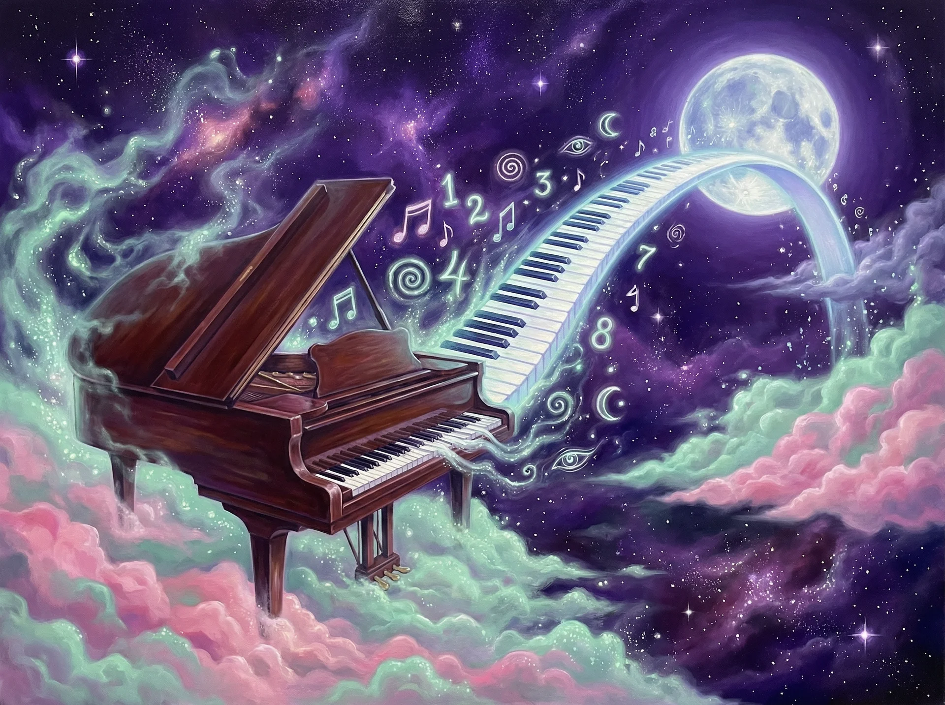 超现实梦境画作 - 宇宙钢琴与月光之桥，关联 凤凰彩票 幸运号码